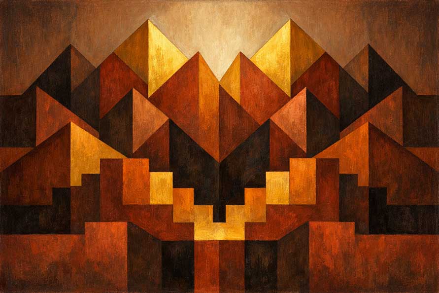 Abstract Symmetrical Geometric Mountains Painting for Strength, Order & Grounded Harmony
