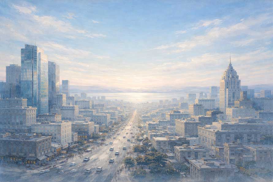 Painting of City Skyline with Busy Streets for Urban Networking Growth