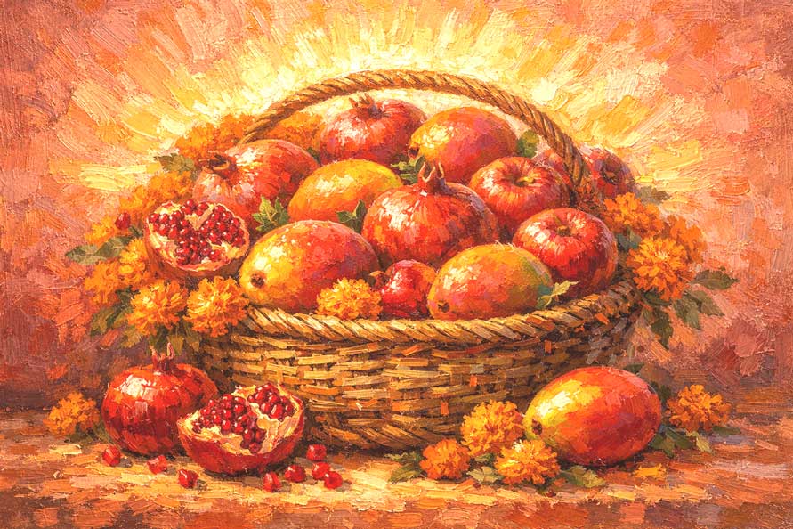 Painting of Basket of Fruits and Flowers in South-East for Material Prosperity, Fulfillment, and Good Harvest