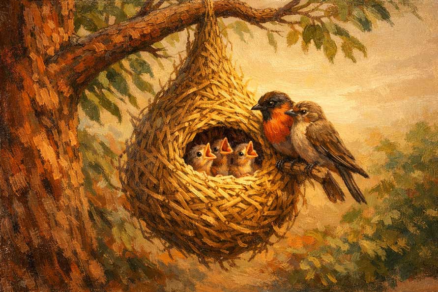 Wall Art Hanging Nest with Birds Painting for Protection, Care & Safe Shelter