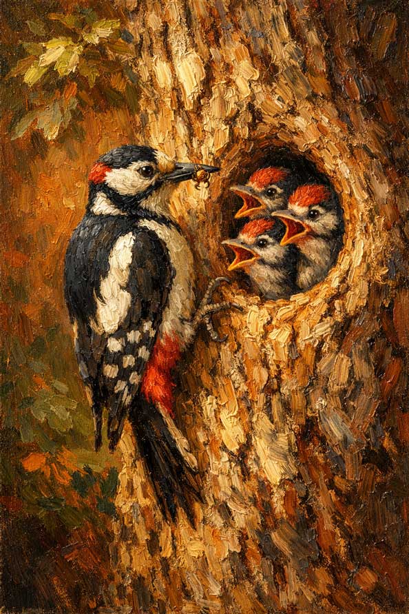 Wall Art Woodpecker Nest Feeding Painting for Care, Responsibility & Family Support