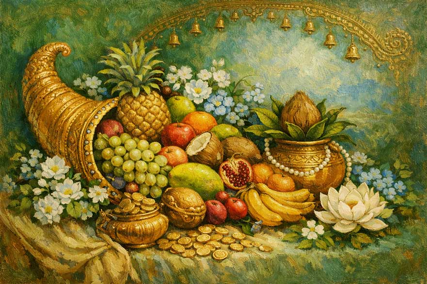 Painting of Cornucopia with Fruits and Flowers in North for Prosperity and Happiness