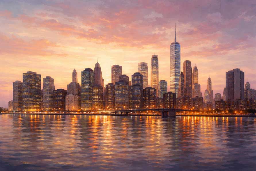 Painting of City Skyline at Dusk for Modern Urban Energy and Fresh Ideas