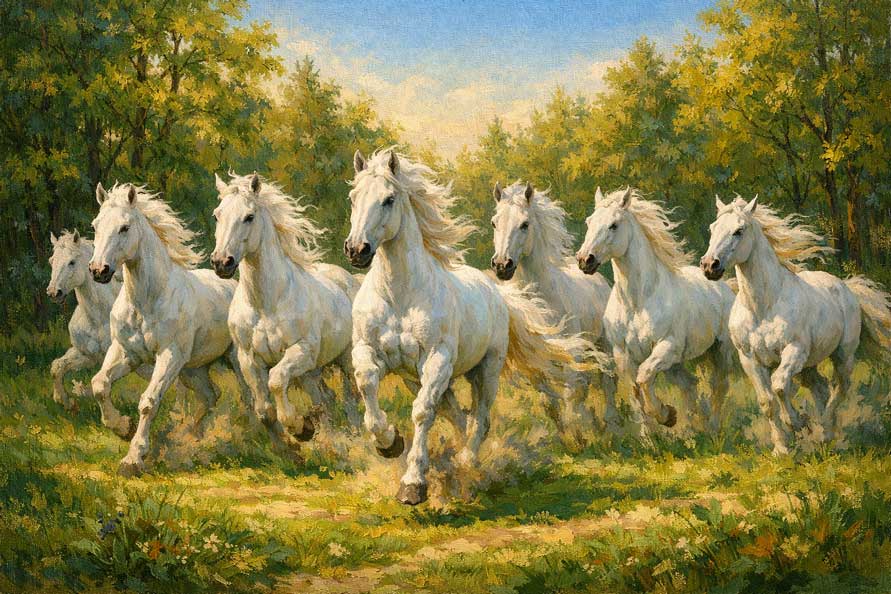 Painting of Seven White Horses Running in Forest in East for Career Growth, Success and Positive Energy