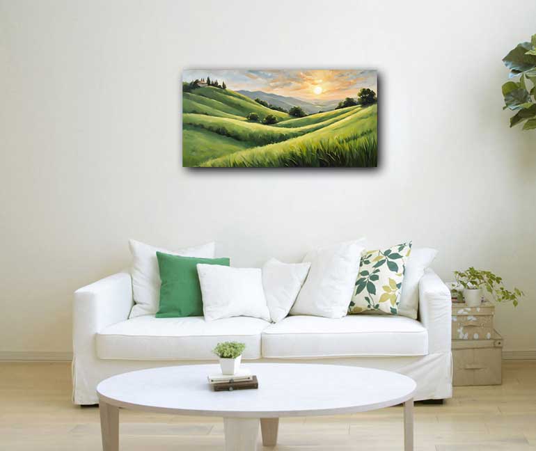 Landscape Canvas Painting Vibrant Green Valley Scenery for Home Decor