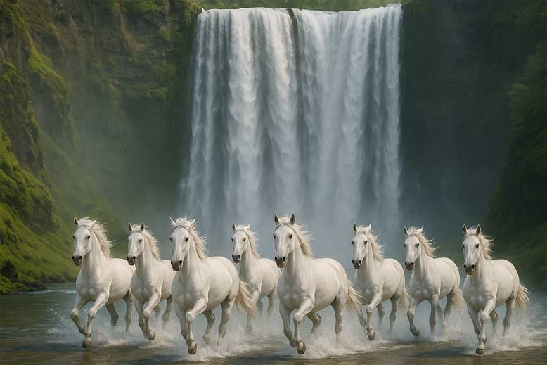 Feng Shui 8 Galloping Horses with Waterfall
