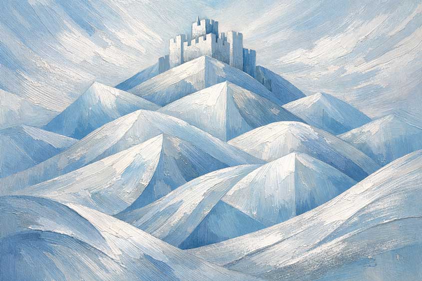 Abstract Painting of Fortress Over Hills for Security and Long-Term Financial Protection