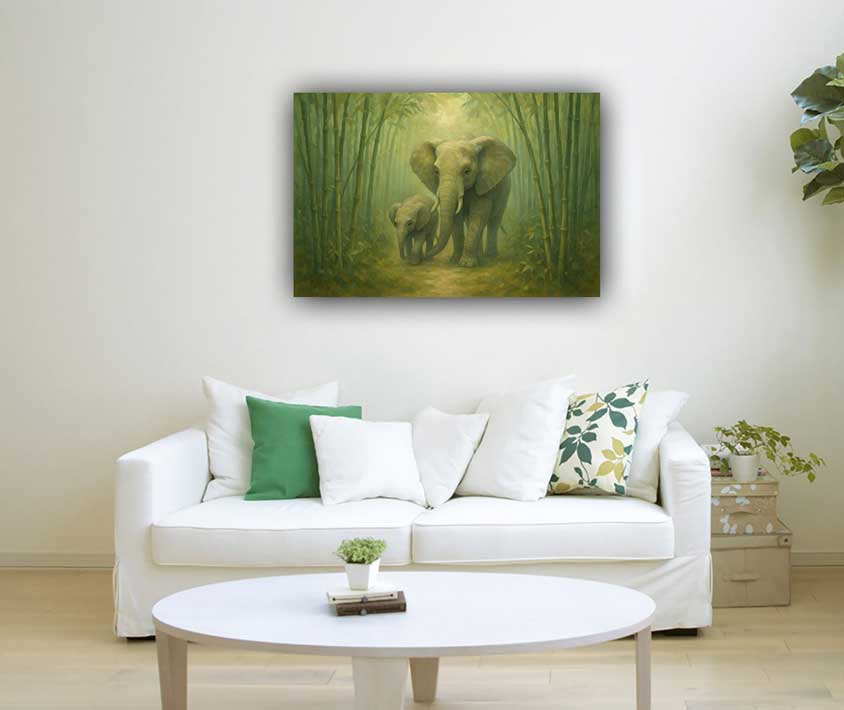 Bamboo Grove with Elephant Family Wall Art Canvas Painting for Harmony and Communication