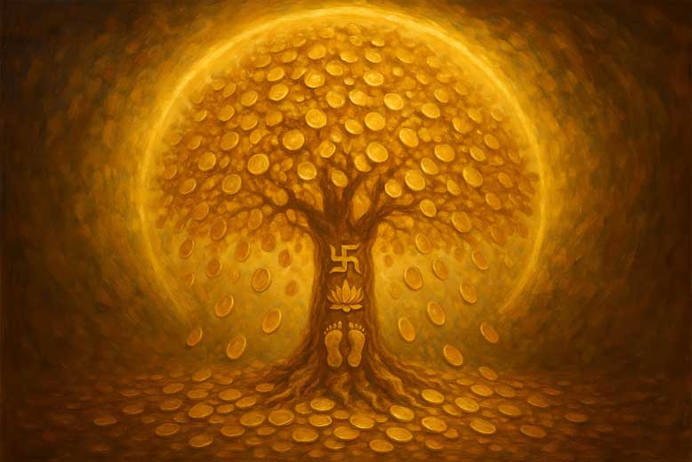 Painting of Golden Coin Money Tree with Sacred Symbols in South-East for Wealth Generation and Business Growth