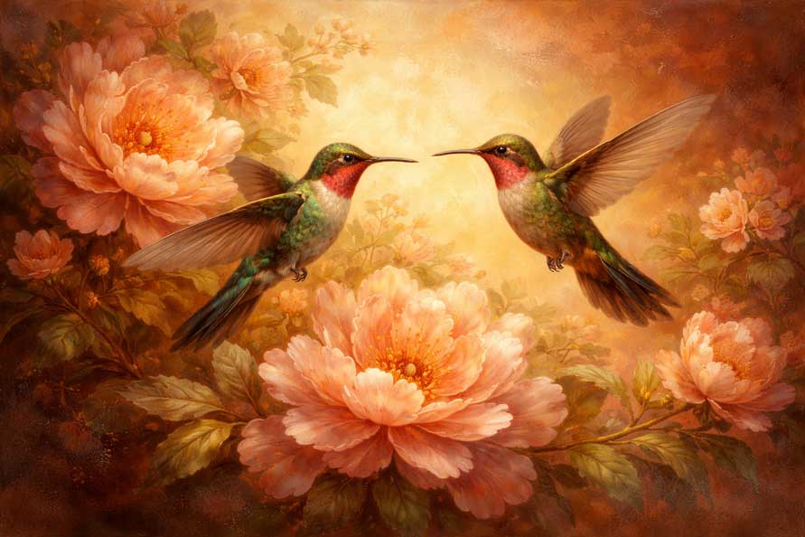 Wall Art Pair of Hummingbirds Around Flowers Painting for Joyful Connection & Affection