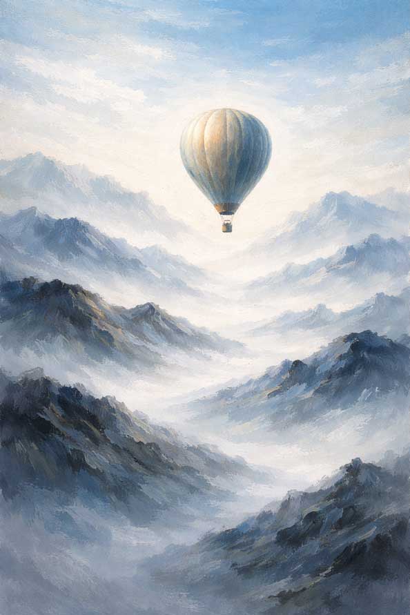 Painting of Hot Air Balloons Over Mountains for Visionary Expansion