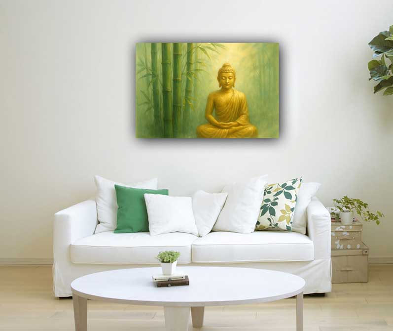 Bamboo Tree with Golden Buddha Wall Art Canvas Painting for Peace and Harmony
