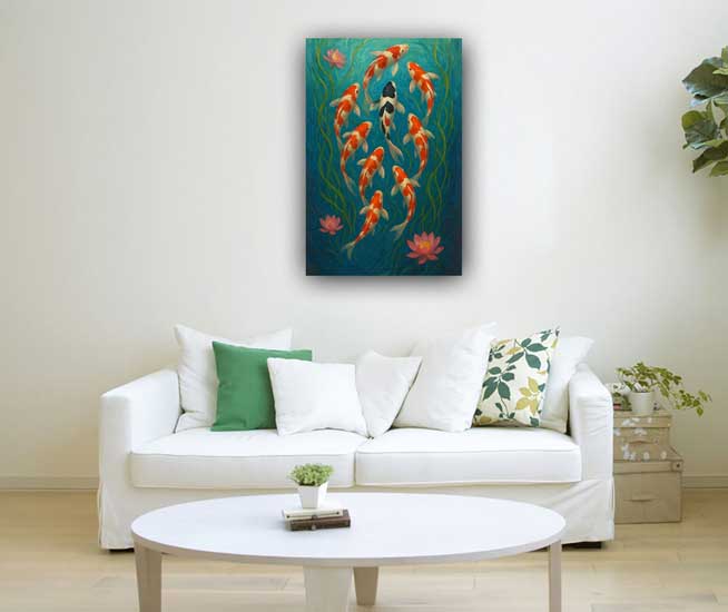 Modern Canvas Print of 9 Koi Fish in Blue Tones