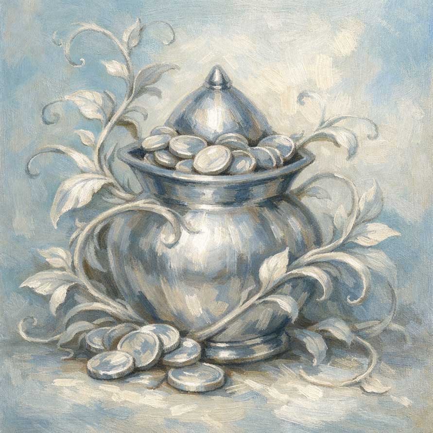 Abstract Painting of Silver Kalash with Coins for Wealth Attraction and Auspicious Growth