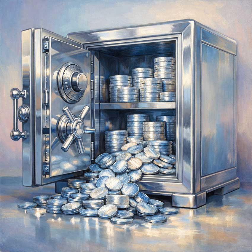 Painting of Locker with Shining Coins for Wealth Security and Financial Stability