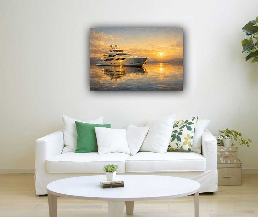Painting of Luxury Yacht on Calm Waters for Wealth, Stability, and Lifestyle Success