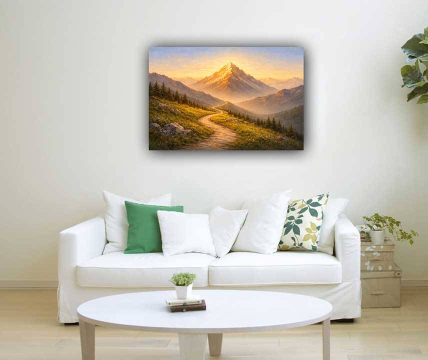 Painting of Mountain Peak with Sunlight for Success, Profits, and Long-Term Gains