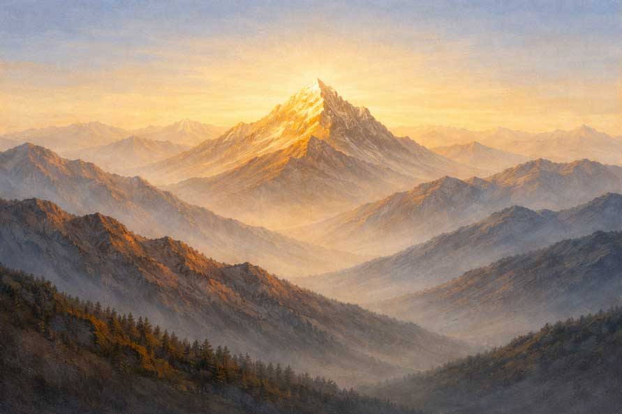 Painting of Mountain Peak with Sunlight in West for Profits and Long-Term Gains