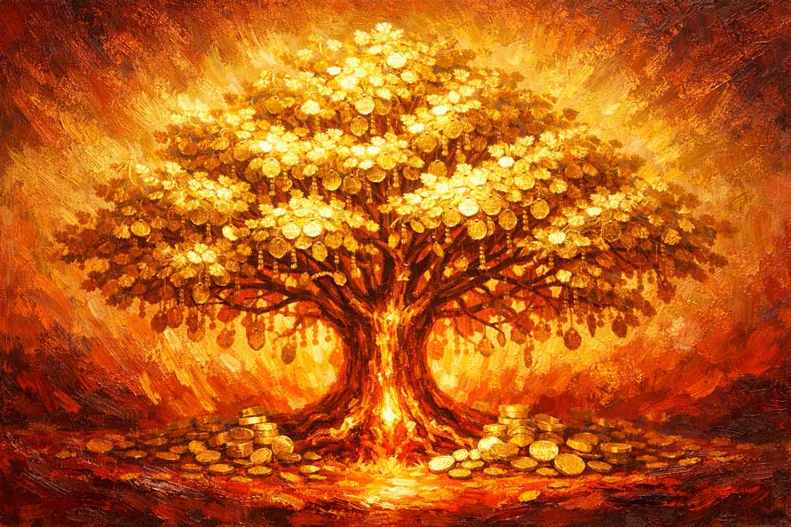 Painting of Radiant Golden Prosperity Tree in South-East for Wealth Generation and Business Growth