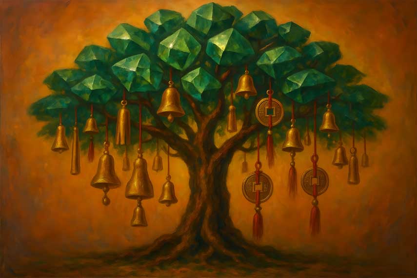 Painting of  Feng Shui Money Tree with Coins and Bells  in South-East for Wealth Generation and Business Growth