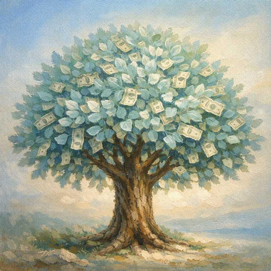 Painting of Money Note Tree in West for Savings and Asset Building