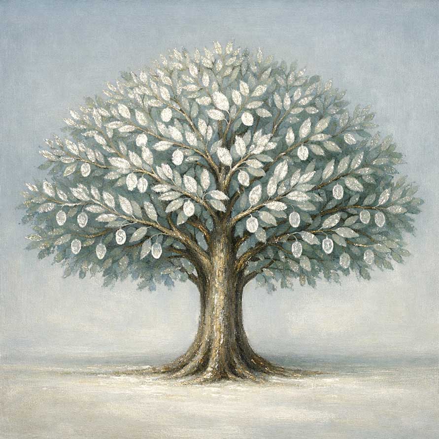 Painting of Silver Leaf Money Tree in West for Savings and Asset Building