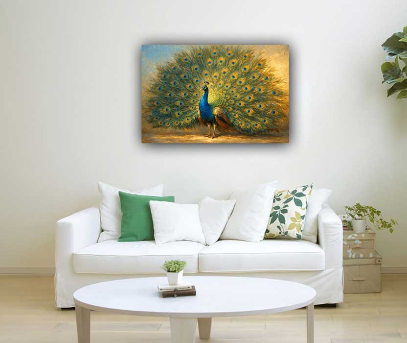 Painting of Peacock with Open Feathers for Prosperity, Pride, and Good Fortune