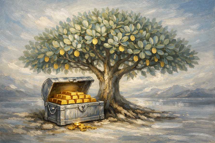 Painting of Money Tree with Treasure Chest in West for Savings and Asset Building