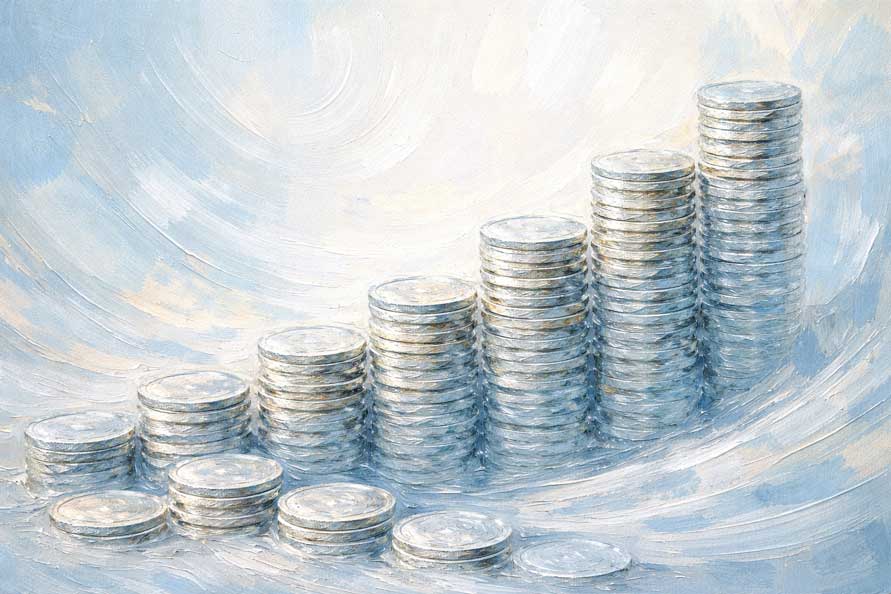 Abstract Painting of Stacked Silver Coins for Wealth Growth and Financial Stability