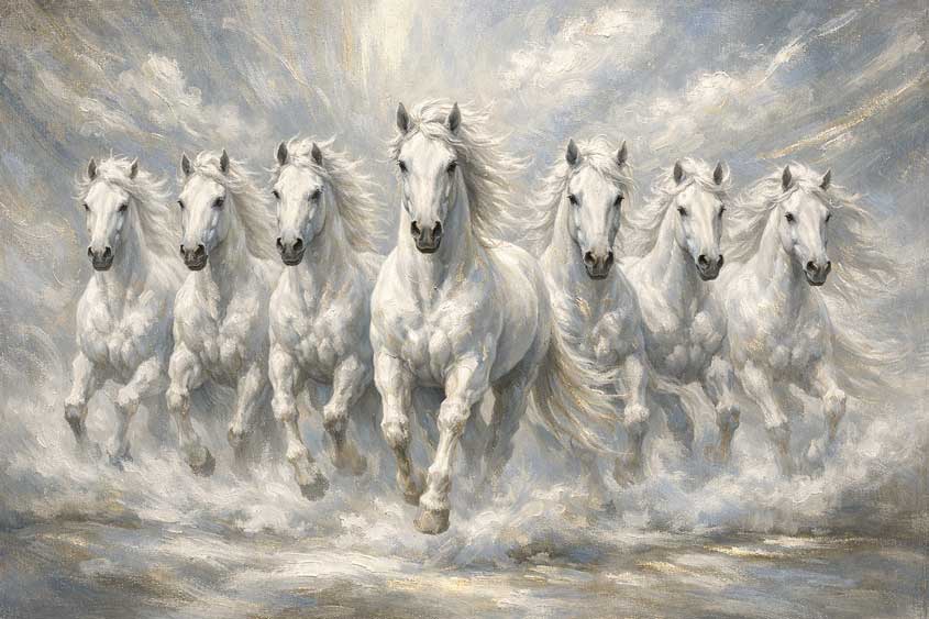 Painting of Seven White Horses on Silver Background for Profit