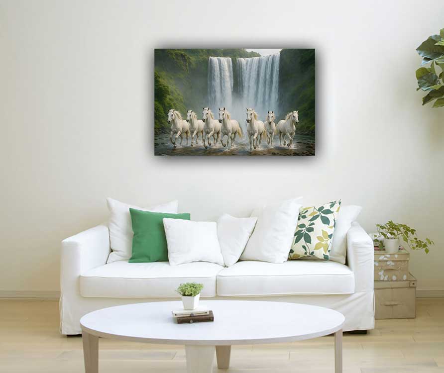 7 Horses with Waterfall Canvas Painting