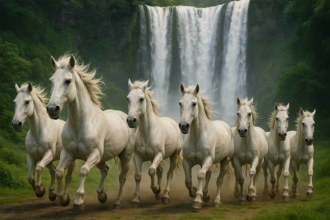 Lucky 7 Horses Waterfall Painting for Home Office