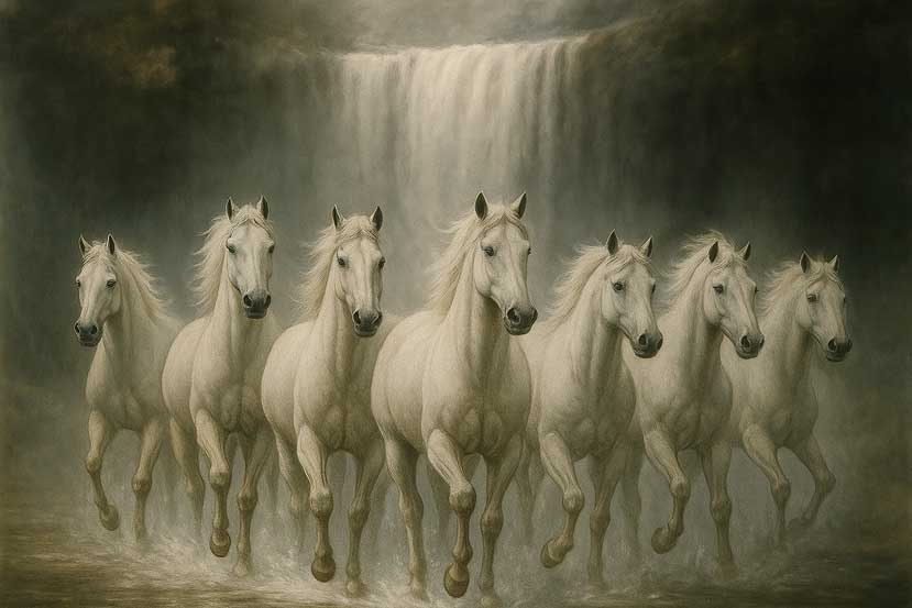 7 Running Horses with Waterfall Vastu Painting for Career & Business Success