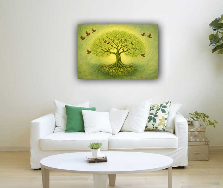 Tree of Life with Flying Birds Wall Art Canvas Painting for Strong Family Roots