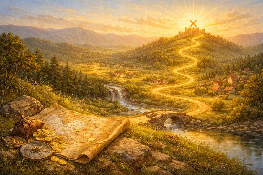 Painting of Treasure Map Landscape for Strategic Planning and Wealth Creation