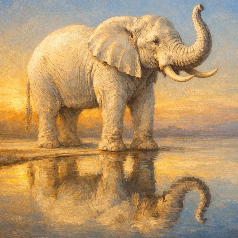 Painting of White Elephant with Raised Trunk for Strength, Protection, and Abundance