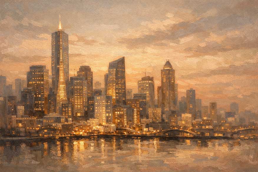 Abstract Painting of City Skyline at Dusk for Modern Urban Energy and Fresh Ideas