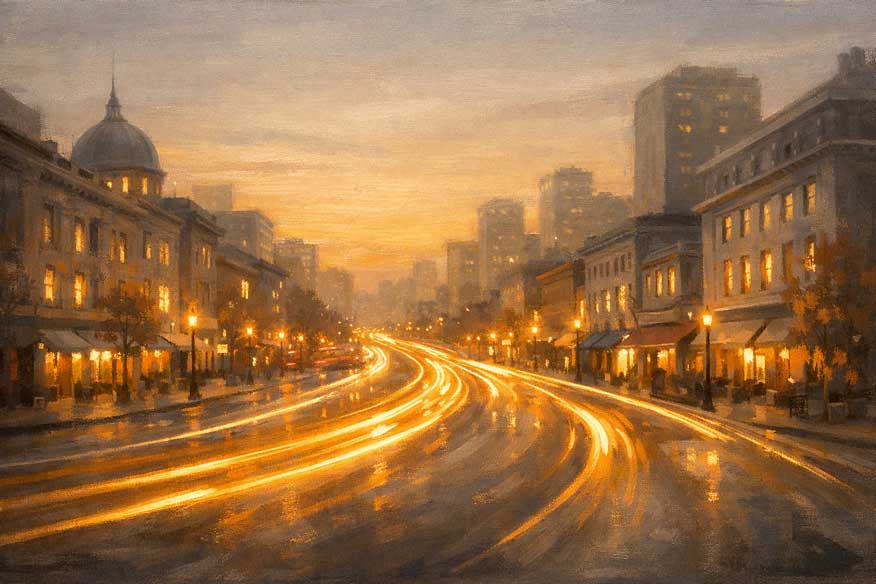 Painting of City Streets with Light Trails for Progress, Energy, and Fast-Paced Success