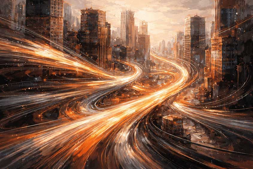 Painting of Abstract City Streets with Light Trails for Progress, Energy, and Fast-Paced Success
