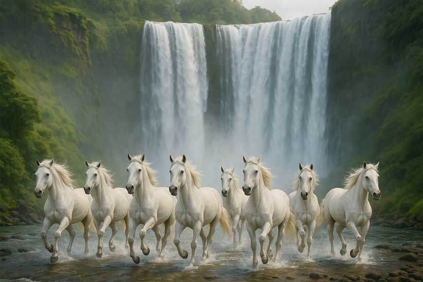 8 Running Horses with Waterfall Painting