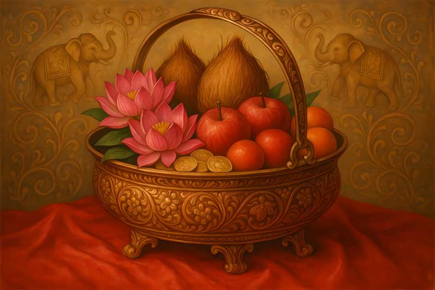 Overflowing Fruits & Flowers Basket Vastu Canvas Painting in Southeast