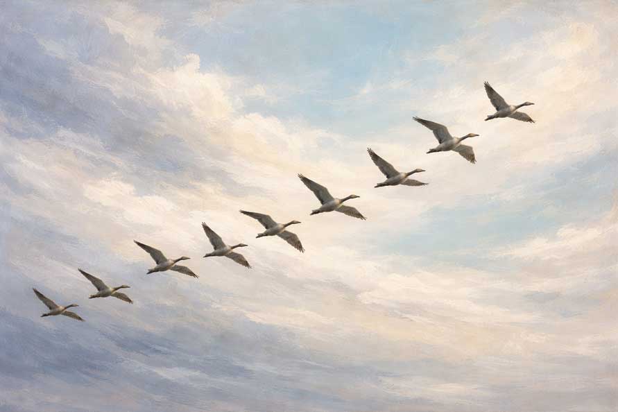 Wall Art of Flying Flock of Birds Painting for Collaboration and Networking Expansion