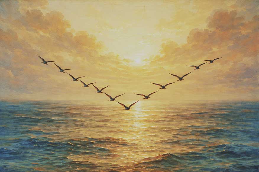 Painting of Flying Birds Over Water for Freedom, Clarity, and Positive Movement