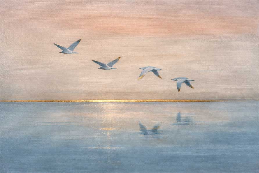 Abstract Painting of Flying Birds Over Water for Freedom, Clarity, and Positive Movement