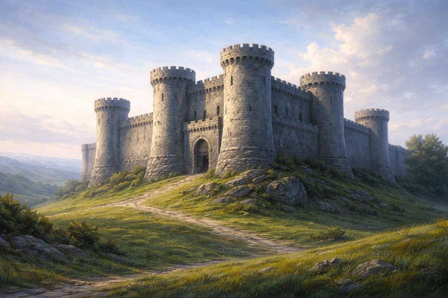 Painting of Fortress Over Hills for Security and Long-Term Financial Protection