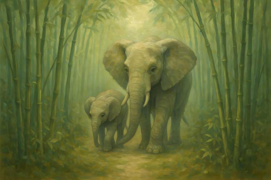 Bamboo Grove with Elephant Family Wall Art Canvas Painting for Harmony and Communication