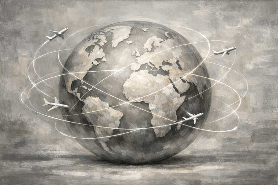 Wall Art of Globe with Flight Routes Painting for Global Connections and International Opportunities