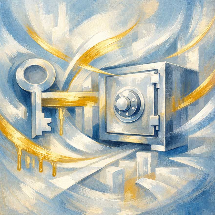 Abstract Painting of  Golden Key with Safe for Unlocking Financial Security