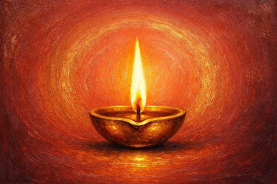 Golden Diya of Fortune Wall Art Spreading Light, Prosperity and Wealth