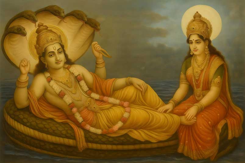 Lord Vishnu with Goddess Lakshmi on Sheshnag in Sea